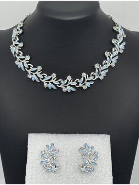 Vintage Necklace Clip-On Earrings Set Floral Blue Enamel W/ Rhinestones Unsigned